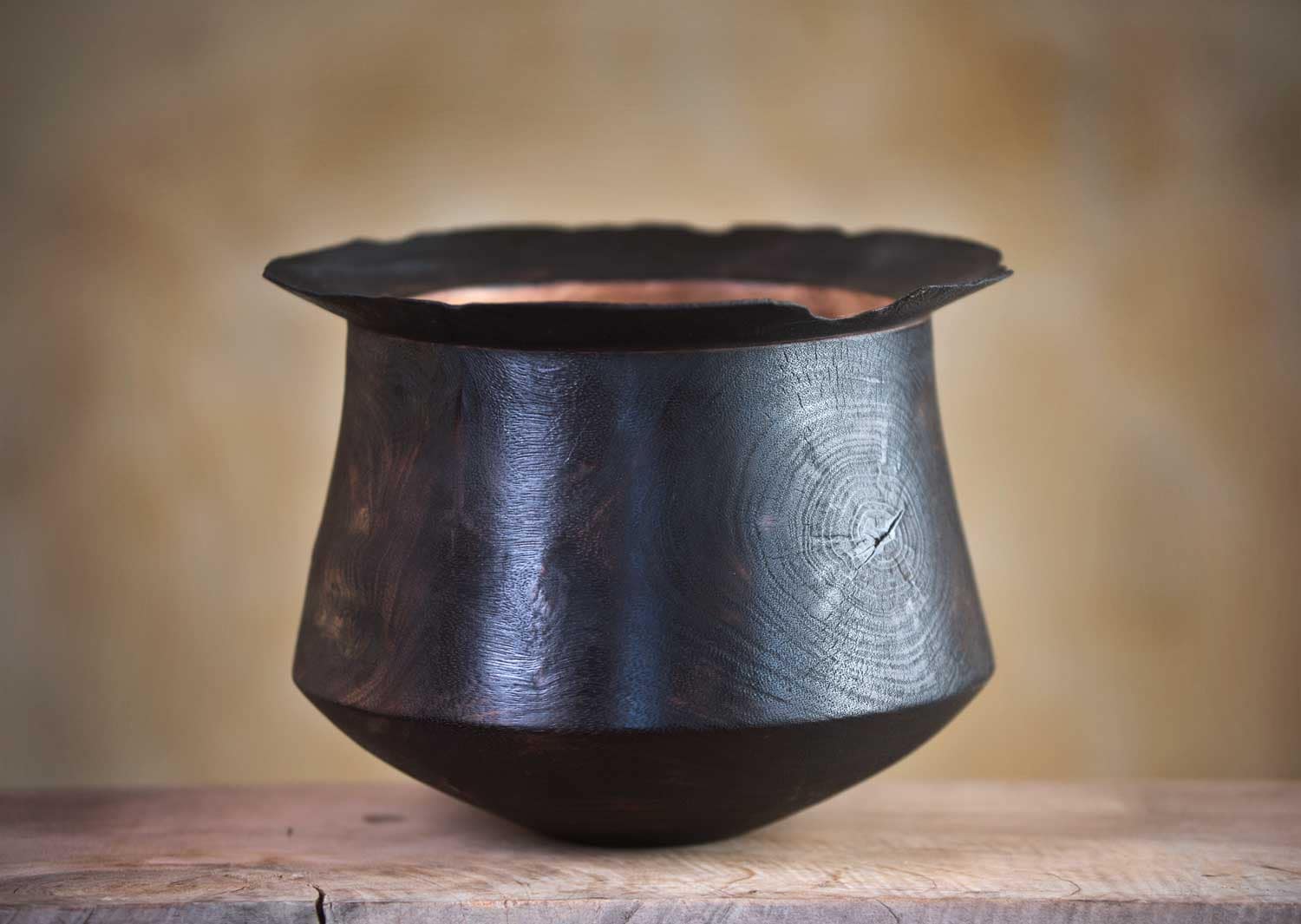 Art-Object-BB09-d Burnt wood vessel with blackened, eroded exterior and contrasting natural wood interior.