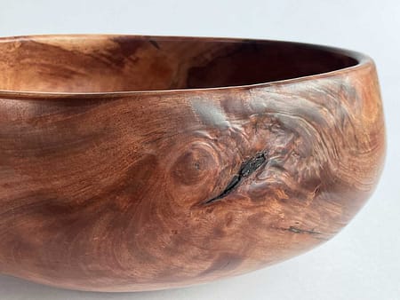 Greenwood-turned bowl with warped form and expressive texture in heartwood grain.